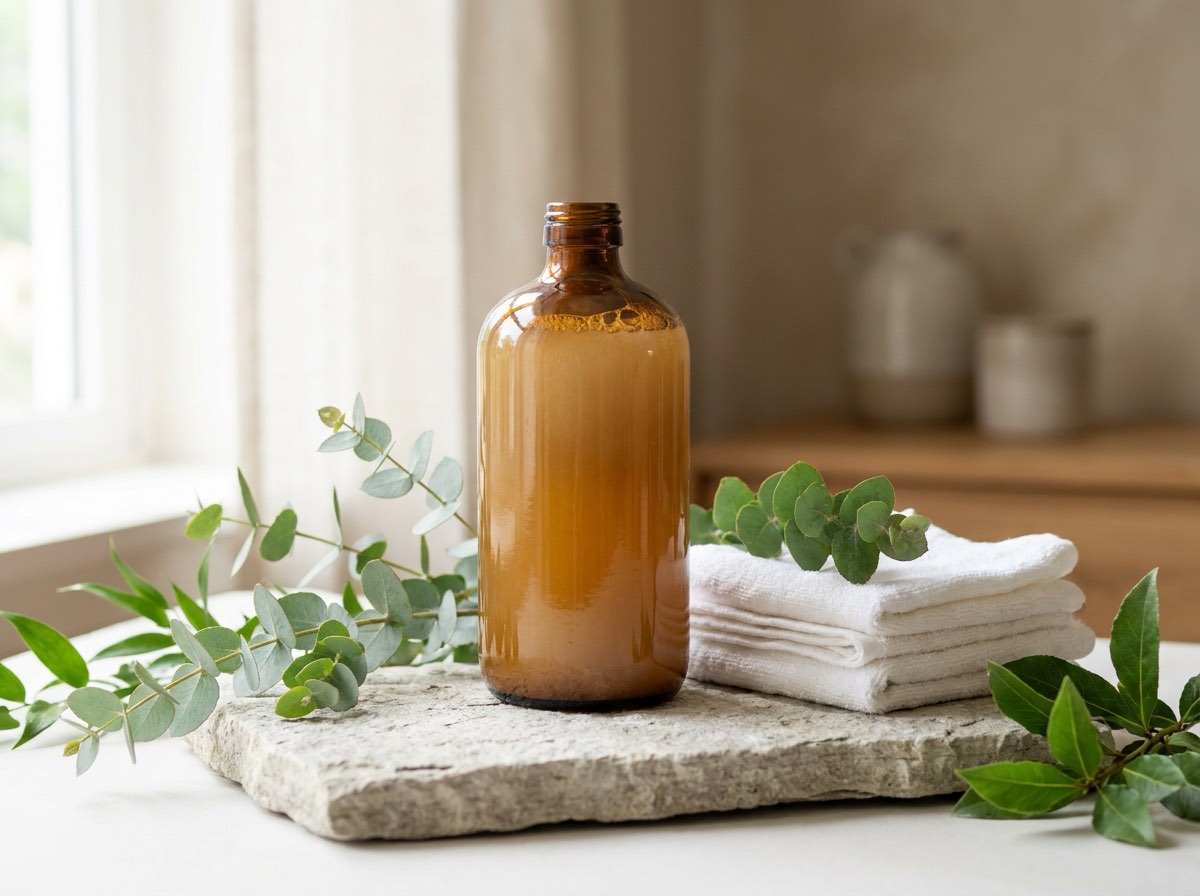 Plant-based detergent with fresh leaves and folded towels