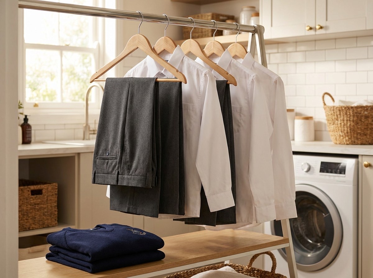 Pressed school uniforms on hangers